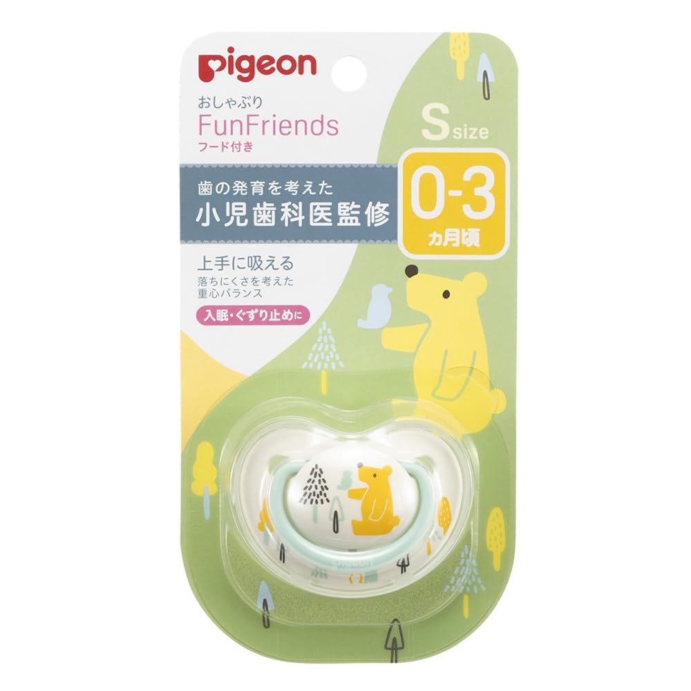 PIGEON Bico de silicone Fun Friends, 0-3 meses, com capa, estampa de urso, macio para a pele, tamanho S