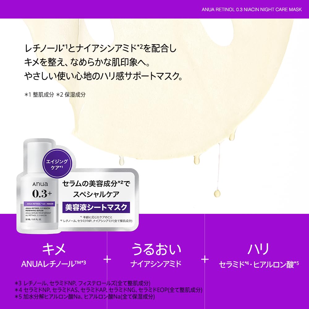 ANUA(アヌア)レチノール0.3ナイアシンナイトケアマスクパック(7枚入り) 毛穴 キメ 水分 保湿 混合肌 retinol mask デイリー パック フェイスマスク スキンケア【公式・正規品】