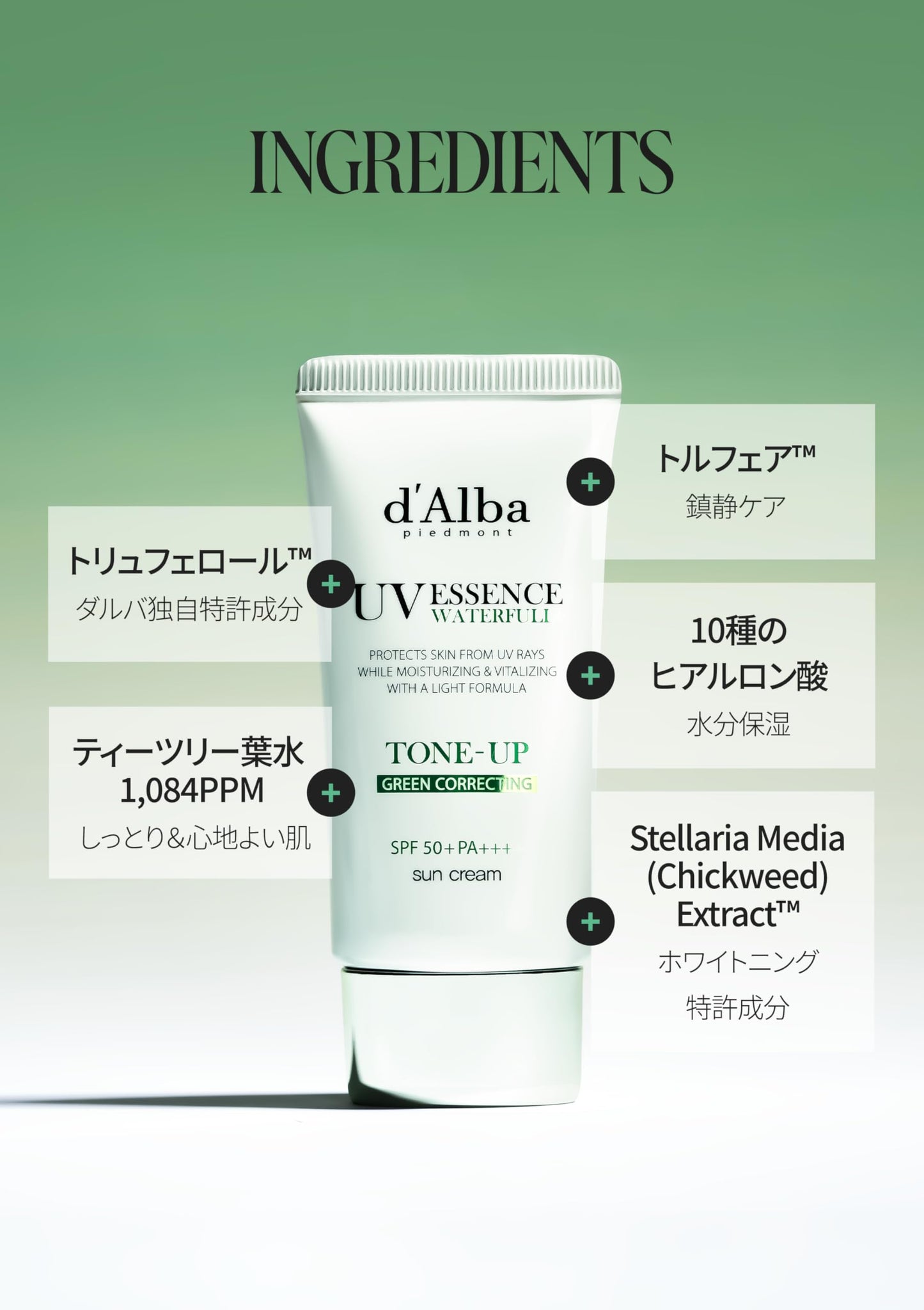 [d'Alba公式] トーンアップ UVエッセンス サンクリーム - SPF50+/PA++++ 化粧下地 日焼け止め 美容液 汗と水に強い ウォータープルーフ イージーウォッシャブル 一度に落とせる ファンデフリー 紫外線 敏感肌 乾燥肌 低刺激 顔 全身用 ヴィーガン (グリーン 50ml)