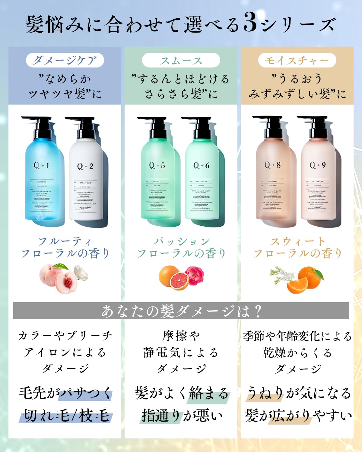 Q+ クオリタス シャンプー トリートメント セット アミノ酸シャンプー ヘアケアトラベルセット (ダメージケア/各400ml/フルーティ・フローラルの香り)