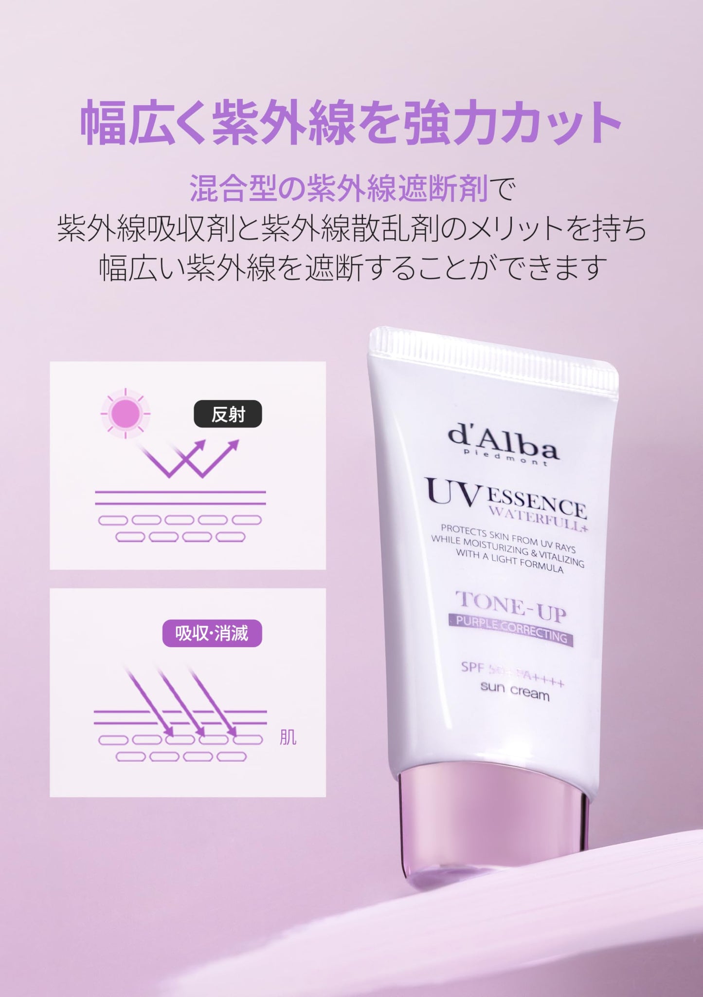 [d'Alba公式] トーンアップ UVエッセンス サンクリーム - SPF50+/PA++++ 化粧下地 日焼け止め 美容液 汗と水に強い ウォータープルーフ イージーウォッシャブル 一度に落とせる ファンデフリー 紫外線 敏感肌 乾燥肌 低刺激 顔 全身用 ヴィーガン (パープル 50ml)
